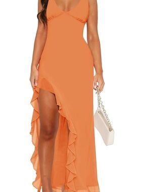 Women’s Sexy V Neck Sleeveless Mesh Ruffle Hem Bodycon Dress with High Slit